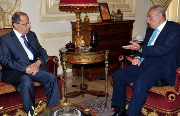 Parliament Speaker Nabih Berri, right, receives FPM leader Michel Aoun in Beirut, Wednesday, June 4, 2014. (The Daily Star/Lebanese Parliament Website, HO)
