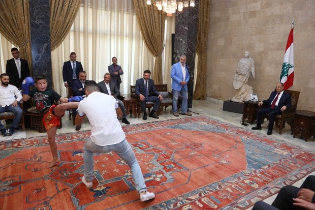 President Michel Aoun watch a demonstration match from the delegation of the Lebanese Union for Tai Boxing, in Baabda, Lebanon (Dalati Nohra)